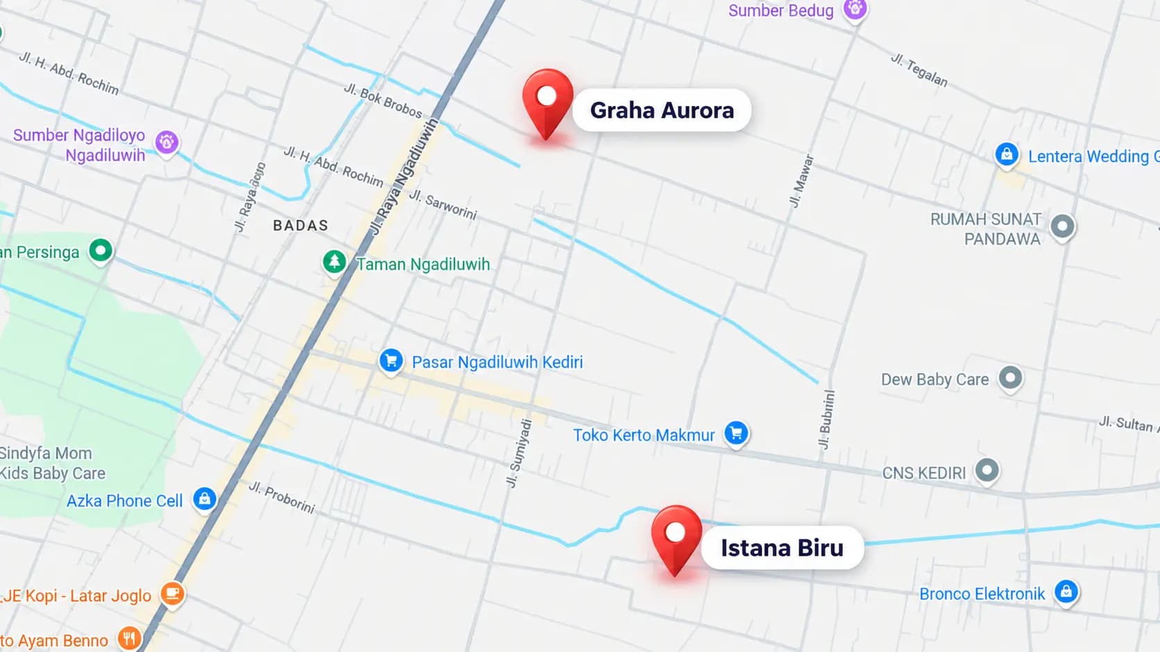 Peta lokasi Graha Aurora dan Istana Biru di Ngadiluwih, Kediri